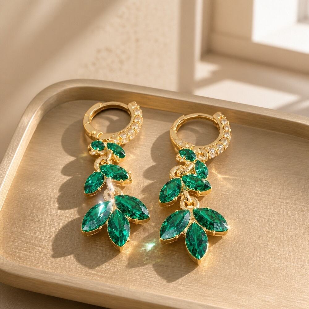 Emerald Green Leaf Drop Earrings